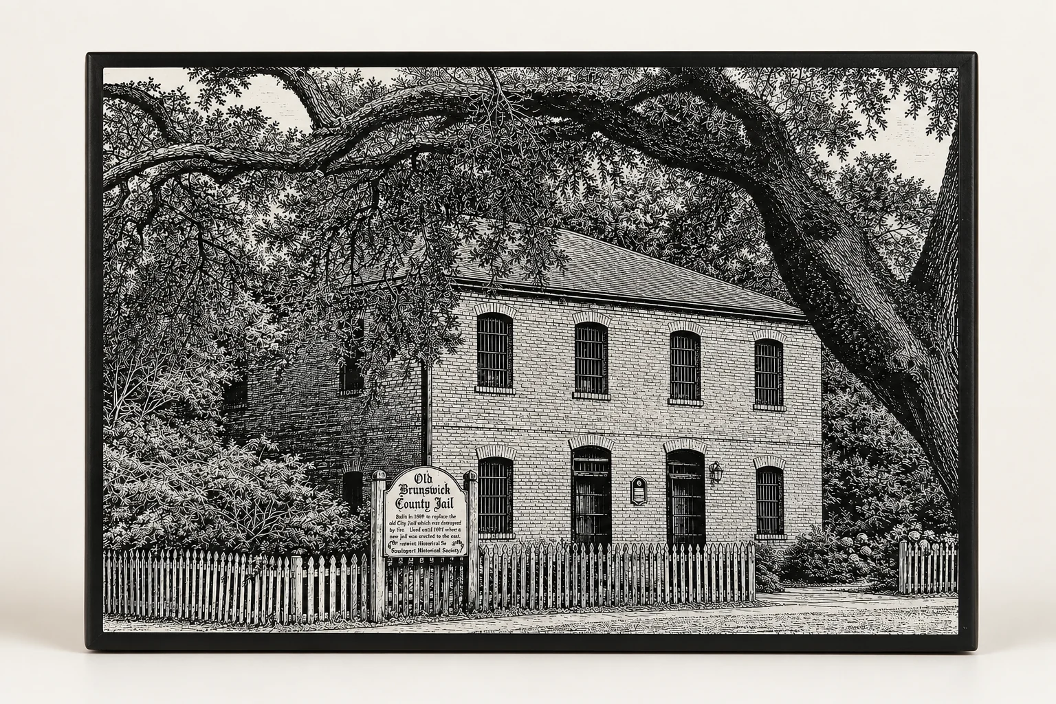 Engraved tile depicting the Old Brunswick County Jail