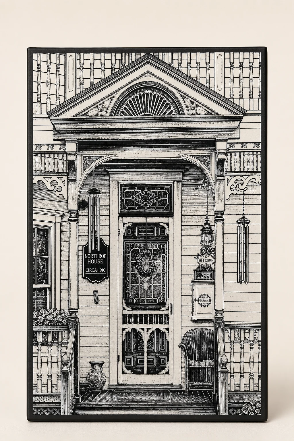 Engraved tile showing the ornate entrance and porch of Northrop House